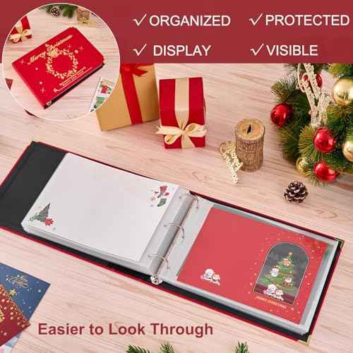 MANWU Christmas cards organizer binder album, greeting cards display organization Storage Holder, Cardkeeper special cards leather book, holds 100 cards (Golden)