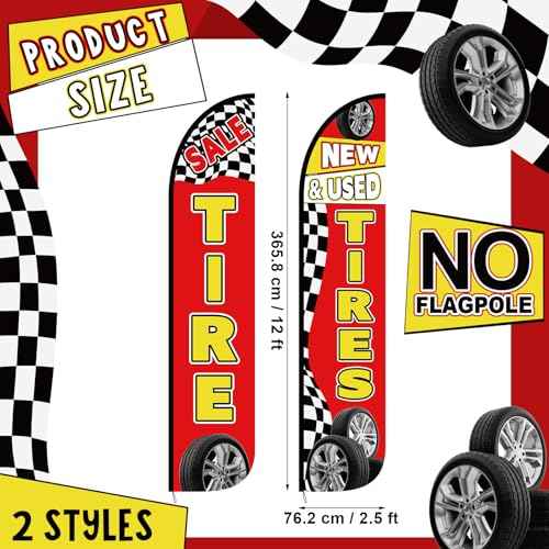 2 Pack 12 Feet Tire Sale King Flags New and Use Tires Shop Feather Flags for Businesses Highly Visible Weatherproof Polyester Banner Sale Advertising Sign No Flagpole Include(Fashionable)