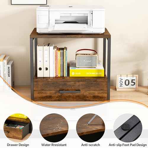 Homeiju 3-Tier Vintage Brown Printer Stand with Storage, Drawer, Multi-Purpose Desk Shelf, Heavy Duty Desktop Shelf/Printer Table for Home Office