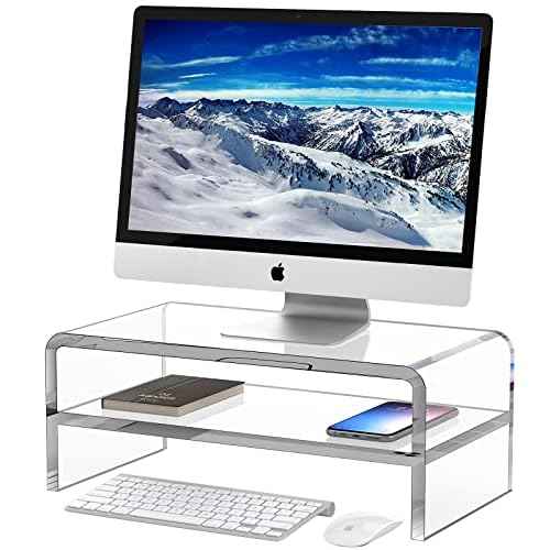 Acrylic Monitor Stand, 2 Tiers Clear Monitor Riser Computer Stand for Office, Home, Office, 5.12 Inches Hight PC Desk Stand for Keyboard Storage, Premium Platform for Laptop Printer TV Screen
