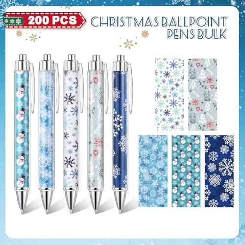 Tenceur 200 Pcs Christmas Pens Winter Snowflake Christmas Novelty Pens Bulk Xmas Ballpoint Pen Rollerball Pen Xmas Gift for School Office Home Supplies