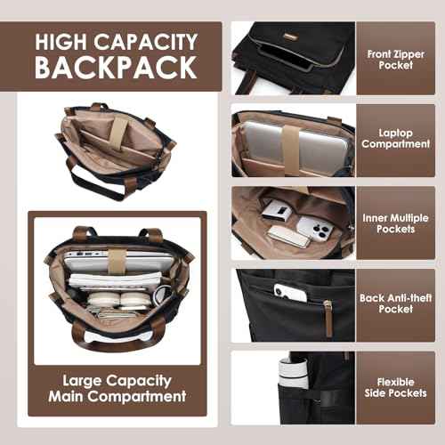 GOLF SUPAGS Convertible Laptop Backpack for Women Casual Daypack Notebook Tote Bag for Work College Travel Leisure (Black)