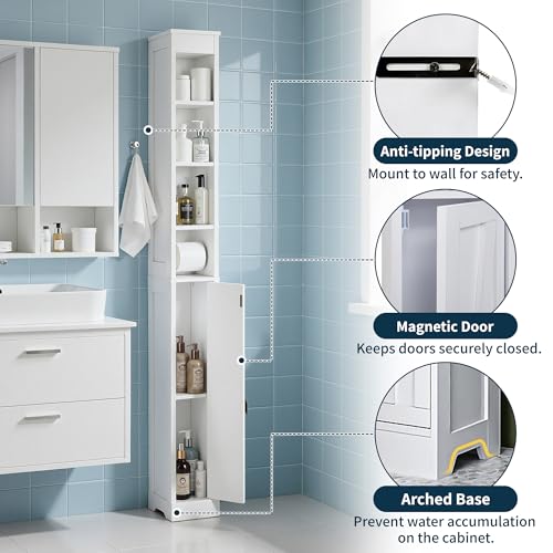 VECELO 71" Tall Bathroom Storage Cabinet, Narrow Storage Cabinet with Adjustable Shelves, Toilet Paper Rod and Magnetic Door, Freestanding Slim Bathroom Storage Cabinets for Small Space, White