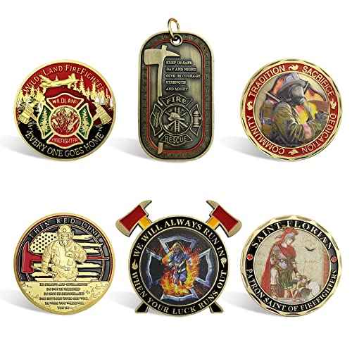 Firefighter Challenge Coin- Fireman Coin Gift Box with 6 Fire Department Prayer Badge, Firefighter Gifts for Men/Women/Son/Dad