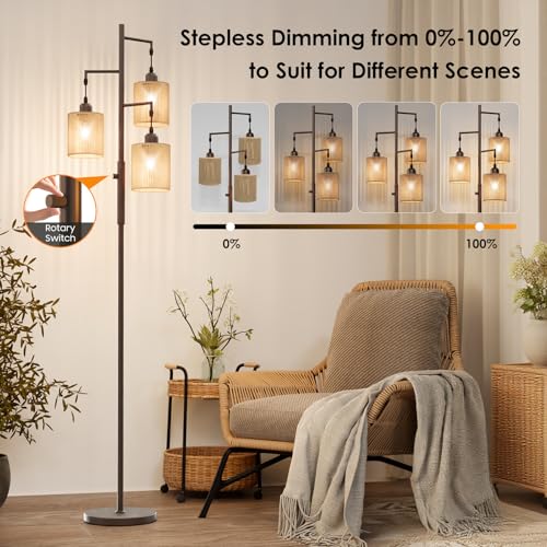 Hotsonic 72" Tall Boho Floor Lamp, Dimmable Standing Lamp with Handcrafted Rattan Shade, Industrial Tree Floor Lamps for Living Room, Bedroom, Study Room, Office (3 x 800LM LED Bulbs Included) - Brown