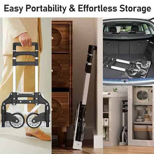 Folding Hand Truck - Aluminum Portable Dolly Cart with Telescopic Handle, Bungee Cord - Compact Lightweight Foldable Luggage Cart for Moving, Home, Auto, 180lbs, Black