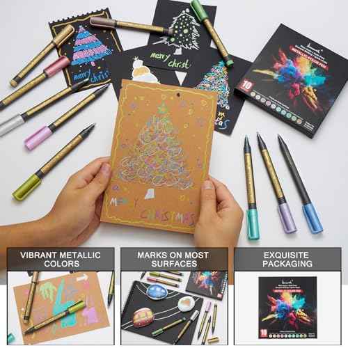 Metallic Marker Pens - 10 Colors Medium Point Metallic Markers for Rock Painting,Black Paper,Scrapbooking Crafts, Card Making,DIY Photo Album,Ceramic