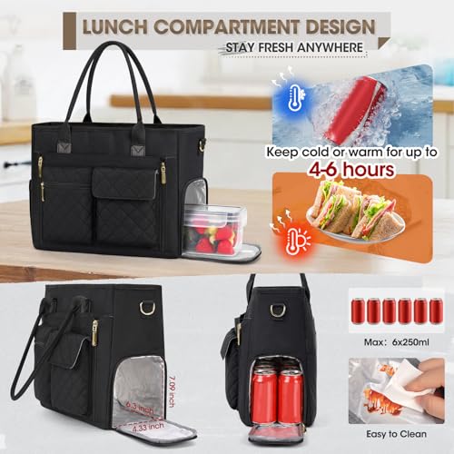 RAINSMORE Teacher Tote Bag with Insulated Lunch Compartment 15.6 inch Laptop Bag for Women Lightweight Work Bags Nurse Bags