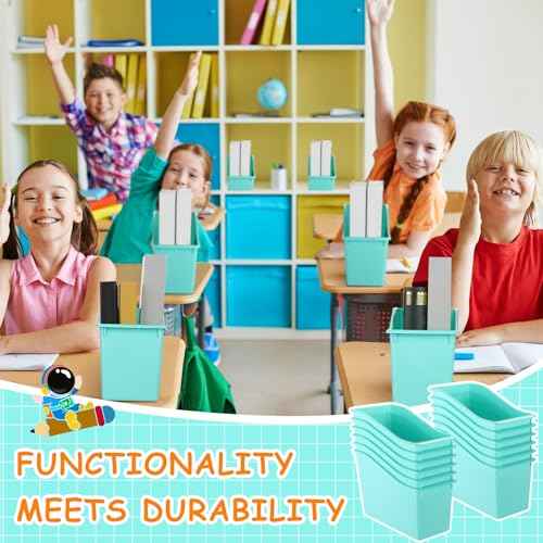 Fuutreo 12 Pieces Book Bins for Classroom Plastic Binder Holder Magazine Stuff Folder File Organizer Box for Home Office School Supplies(12 pcs,Water Blue)