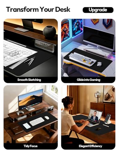 YSAGi Black Leather Desk Protector 31.5 x 15.8 Inch Non-Slip Large Mouse Pad