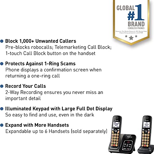Panasonic Cordless Phone with Answering Machine and 2 Black Handsets - Reliable Landline System