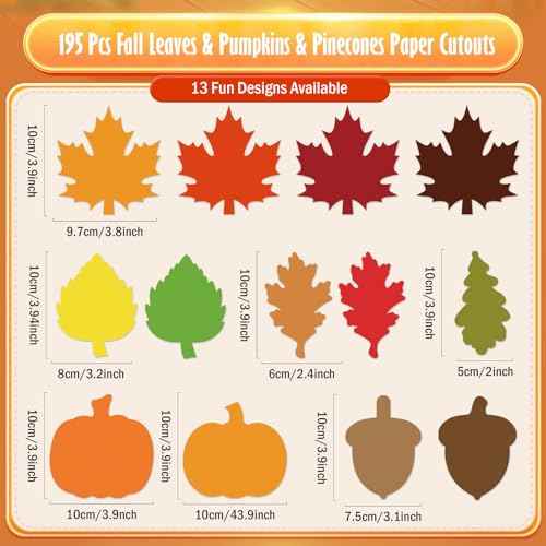 MixTeach 195 Pcs Fall Leaf Cutouts 4" Paper Leaf Cutouts Autumn Multiple Styles Maple Leaves Pumpkin Acorn Die Cut Classroom Decor for Thanksgiving Bulletin Board School Craft Party Wall Decoration