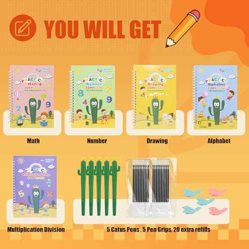 Upgraded Large Size Magic Practice Copybook for Kids, Reusable Grooved Handwriting Practice Book for Preschool Kids Age 3-8 Calligraphy with Catus Pens & Storage Bag (5PCS 7.3 * 10.3 inch)