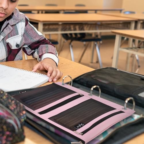 Pink SKYDUE Pencil Pouch for 3 Ring Binder 11x9 with Mesh Window & 3 Pockets