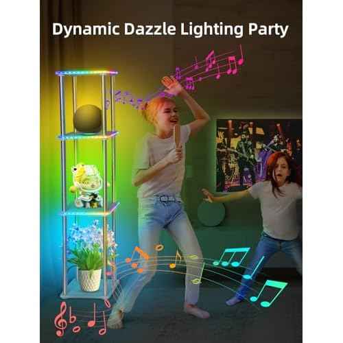 LED Floor Lamp with Shelves, Adjustable Height lamp with Shelves, Standing Lamp with APP Control,USB Port and Music Sync, Shelf Lamp for Living Room, Bedroom, 4 Tier White
