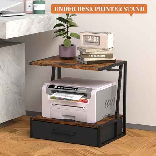 Alyoen Printer Stand for Desk with Storage Drawer, 3 Tier Desktop or Under Desk Printer Shelf, Large Printer Table Organizer for Home Office, Fit Fax Machine, Scanner