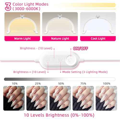 Half Moon Light for Nail Desk, Foldable 29" Nail Light for Desk, 180¡Æ Ultra-Bright Nail Tech Desk Lamp, Portable Half Moon Lamp with Phone Holder & Organizer Bag - Iridescent Diamond
