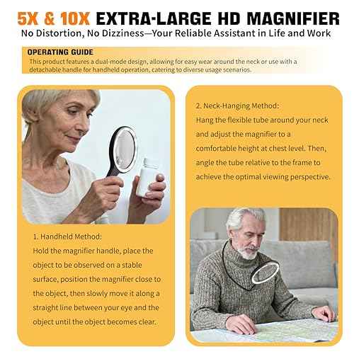 Hands Free Magnifying Glass with Light for Close Work, Neck Wear Magnifier for Reading Books, Sewing, Cross Stitch, Low Vision Seniors with Aging Eyes,5 Inch 5X & 10X Lighted Magnifying Glass