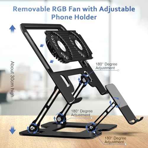 Laptop Stand with Fan, MacBook Cooling Stand with 2 Removable Silent Fans and Phone Holder,Adjustable Height and Angle,Laptop Cooling Pad for 10-18 Inch Laptop,MacBook Pro,Tablet (Black)