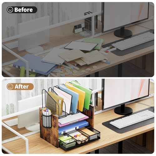 Marbrasse Desk organizer with Drawer, 4-Tier Wooden File Organizer with 5 Vertical File Holders and 2 Pen Holders, Desk Organizers and Accessories for Home Office - Dark Brown