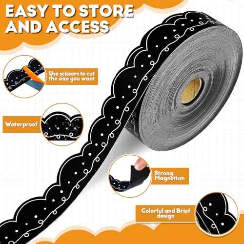 68.9 ft Magnetic Bulletin Board Border Magnetic Whiteboard Strips Rolls for Classroom Chalkboard Trim School Office Chalkboard Decoration(Black with White Squiggles)