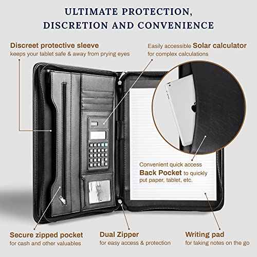 Cossini Black Superior Vegan Leather Business Portfolio with Zipper ? Padfolio All-in-One. Smartest Protective 10.1 Inch Tablet Sleeve, Presentation Slot, Solar Calculator, Card Storage, Writing Pad