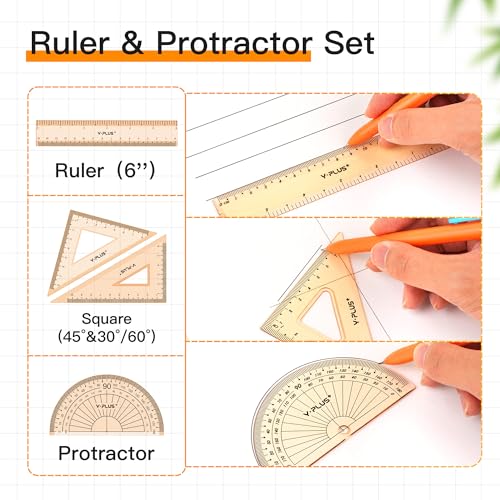 YPLUS 12-Pack Geometry Set with Protractor, Compass, Ruler & Accessories for Students