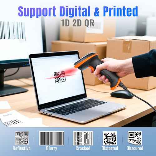 Tera Upgraded USB 1D 2D QR Barcode Scanner Wired, Officially Certified Dustproof Shockproof Waterproof IP65 Ergonomic Handle Fast and Precise Scan for Windows Linux Plug and Play Model D5100Y