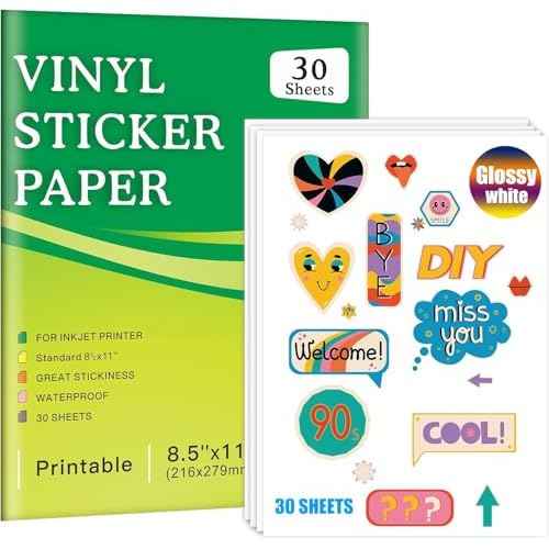 Premium Printable Vinyl Inkjet Stickers -30 Sheets Glossy White 8.5x11 Inch Sticker Paper,Suitable for inkjet printers£¬Waterproof£¬Fast Drying Vivid Colours, Retain Ink Well,Tear Resistant