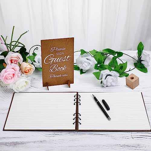 Wooden Wedding Guest Book with Pen and Holder Table Reception Sign Wooden Guestbook Registry Album 50 Pages for Decorative for Wedding Anniversary Birthday Engagement Supplies(Fresh)