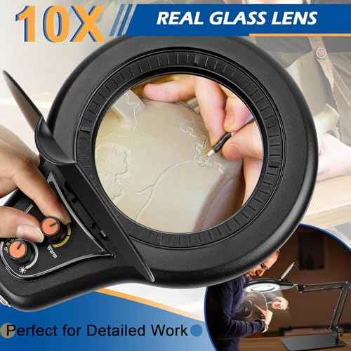 10X Magnifying Glass with Light and Stand, Magnifier with Light Hands Free, Lighted LED Magnifying Lamp Stepless Dimming Magnifying Desk Lamp Dust Cover Design for Crafts Repair Art Close Work