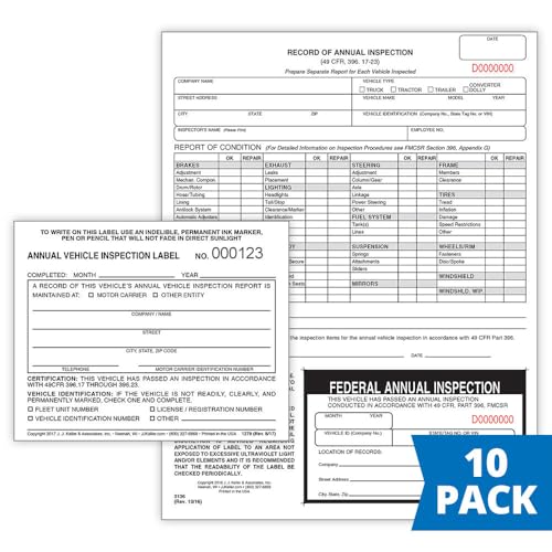 J. J. Keller 10-Pack Annual Inspection Forms with Labels – DOT Compliant