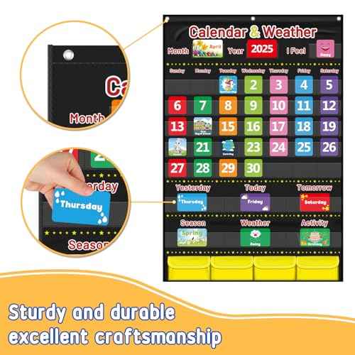 Calendar and Weather Pocket Chart for Kids Learning, Large 44.5¡±x28¡± Homeschooling Calendar Pocket Chart with 113 Cards, Teacher and Back to School Supplies