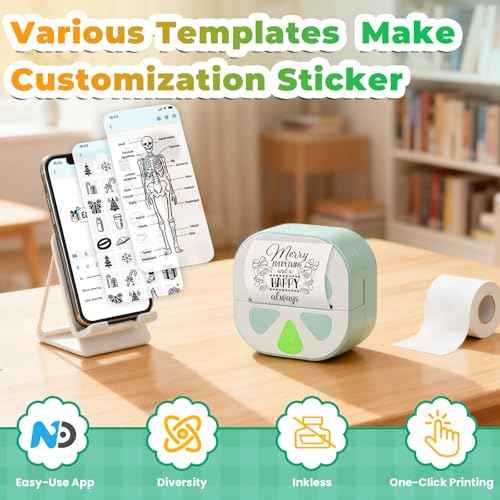Sticker Printer Mini Print Pod, Bluetooth Thermal Sticker Maker Machine with 3 Roll Paper, D20 Portable Inkless Pocket impresora port?til Picture Label Printer for Phone DIYJournal Kids Gift
