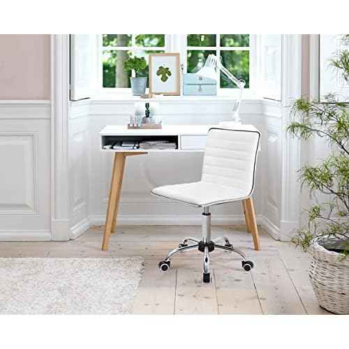 Furmax Mid Back Vanity Chair for Makeup Room, Low Back PU Leather Swivel Computer Desk, Task and Office Chair Retro with Armless Ribbed (White)