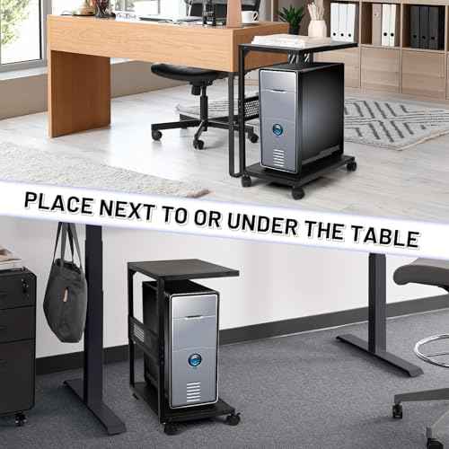 PC Stand Computer Tower Stand 2-Tier Metal CPU Holder with Locking Caster Wheels Suitable for Most PC (S,Black)