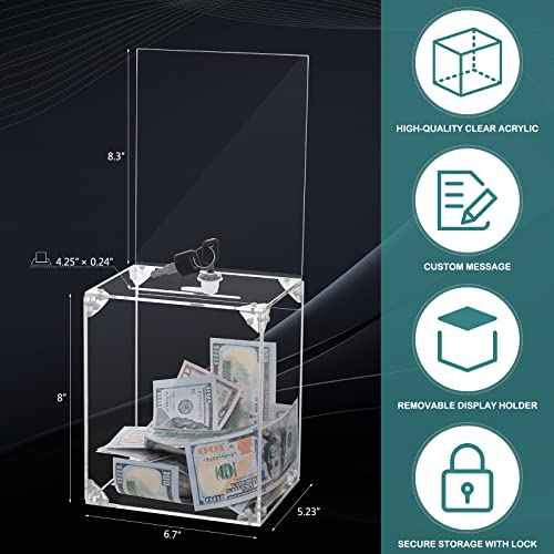 KYODOLED Large Tall Acrylic Donation Box with Slot and Lock, Clear Ballot Box with 6"x8" Sign Holder Storage Container for Voting, Raffle,Tip Jar, 6.7"x5.23"x8"