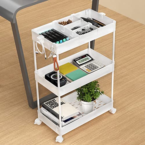 SPACELEAD White 3-Tier Rolling Cart with Wheels & Adjustable Shelves - Storage Organizer for Office, Bathroom & Kitchen