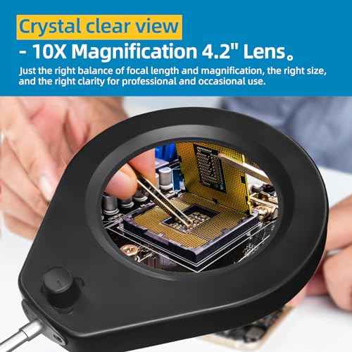 Magnifying Glass with Light and Clamp, 10X Real Glass / 2.5'' Opening Clamp/Lighted Magnifying Glass in 5-Color 10-Level Dimmable/Postioned by Swing Arm/for Close Work Hobbies Precision Tasks