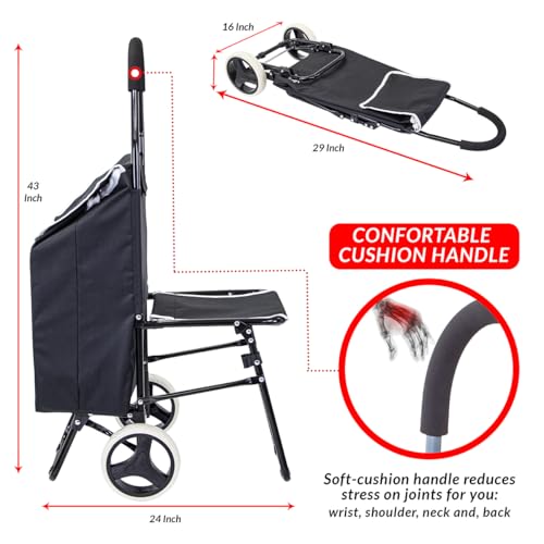 dbest products Trolley Dolly Sport with Chair ? Foldable Grocery Cart on Wheels ? Multi Use Rolling Cart with Built-in Seat, Removable Bag, and Hand Truck Dolly Function, Black