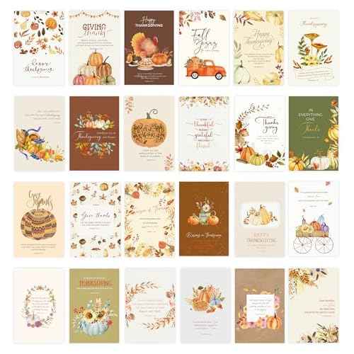 24 Pack Religious Thanksgiving Cards with Self-adhesive Envelopes, 4"x6" Boxed Blessing Religious Note Cards with Sentiments Inside, 24 Designs, NO Repeat