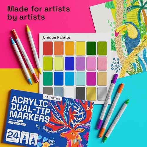 ARTISTRO 24 Acrylic Paint Pens - Dual Tip Brush + Fine Ideal for Calligraphy - Acrylic Paint Markers for Fabric, Rock, Glass, Wood, DIY - Art Supplies, Stocking Stuffers, Christmas Gift Idea