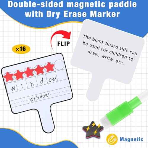 Jetec 16 Pcs Magnetic Paddle Set Education Dry Erase Double Side Handheld Answer Board with Dry Erase Markers Phonemic Awareness Phonics Supplies (Star Shaped Counters)