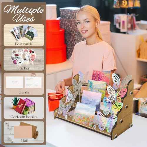 AerWo Sticker Display Stand, Greeting Card Display Stand for Vendor, 4 Tier 16 Shelves Portable Wooden Stickers Display Rack for Retail Counter Events for Postcard Brochure Photos Picture Display