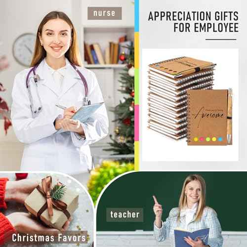 Chuangdi 20 Sets Christmas Employee Appreciation Gift Bulk Thanksgiving Inspirational Spiral Notebook with Sticky Note Motivational Pen for Women Staff Coworker Nurse Teacher Holiday (Kraft)