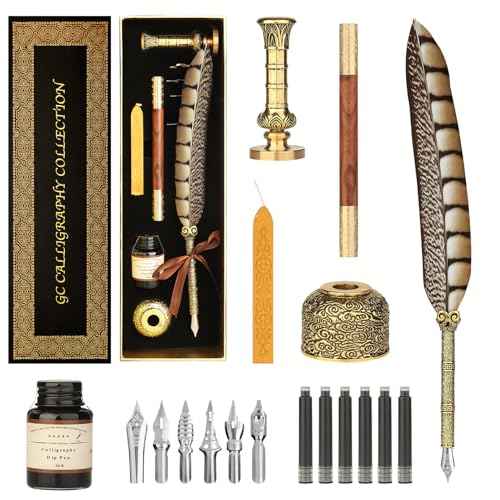 GC QUILL Calligraphy Pen Set - Feather Dip Pen,Dual Tip Calligraphy Fountain Pen, Stamp, Wax Candle, Pen Base, Ink Bottle, Ink Cartridges L1492