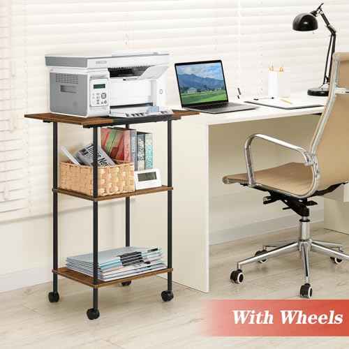 Large Printer Stand with Storage Rolling Printer Cart with Wheels 3 Tier Printer Table with Storage Shelf for Home Office Filing Scanner Fax Machine Heat Press Microwave