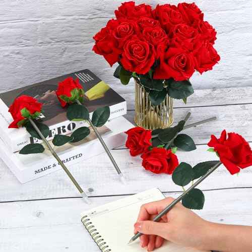 Yexiya Red Rose Flower Pens Mother's Day Rose Ballpoint Bulk Artificial Flower Pen Gift for Christmas Mom Wedding Office Classroom School Supplies Party Desktop Decor(32 Pcs)