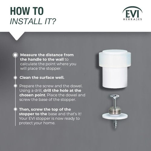 EVI Door Stoppers | Stainless Steel Door Stop - Screw Fastening - Protector Rubber - 0.95 x 1.38 Inch White Door Stopper