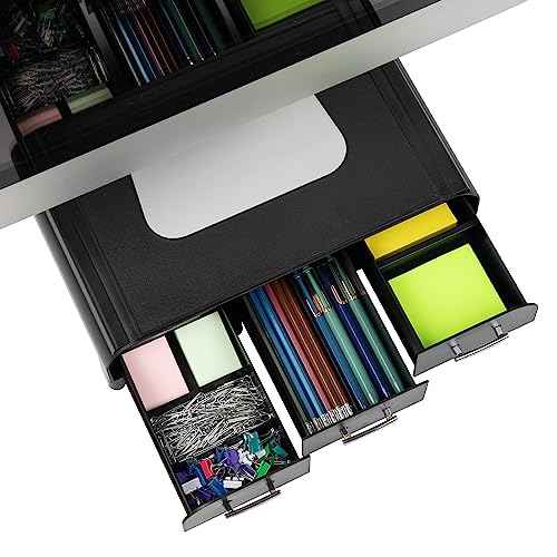 Mind Reader Monitor Stand, 3 Storage Drawers, Desktop Organizer, Riser, Office, 13.5"L x 13"W x 4"H, Set of 2, Black